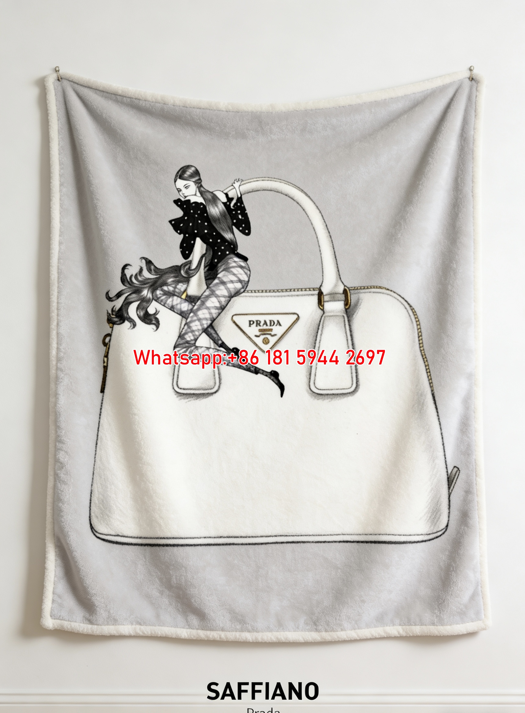 Prada Saffiano Leather Bag Fashion Illustration White Black Fleece Sofa Throw Blanket IMG_2702